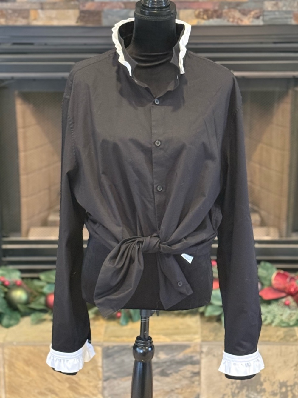 Upcycled Calvin Klein Black Button-Front Blouse with White Ruffle Collar & Cuffs